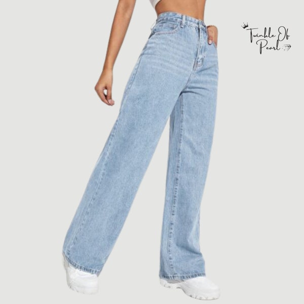 Jean large taille haute | Jean en denim pour femme avec poche | Jean bleu coupe décontractée | Pantalon en jean tendance | Jambes larges élégantes | Cadeau pour lui