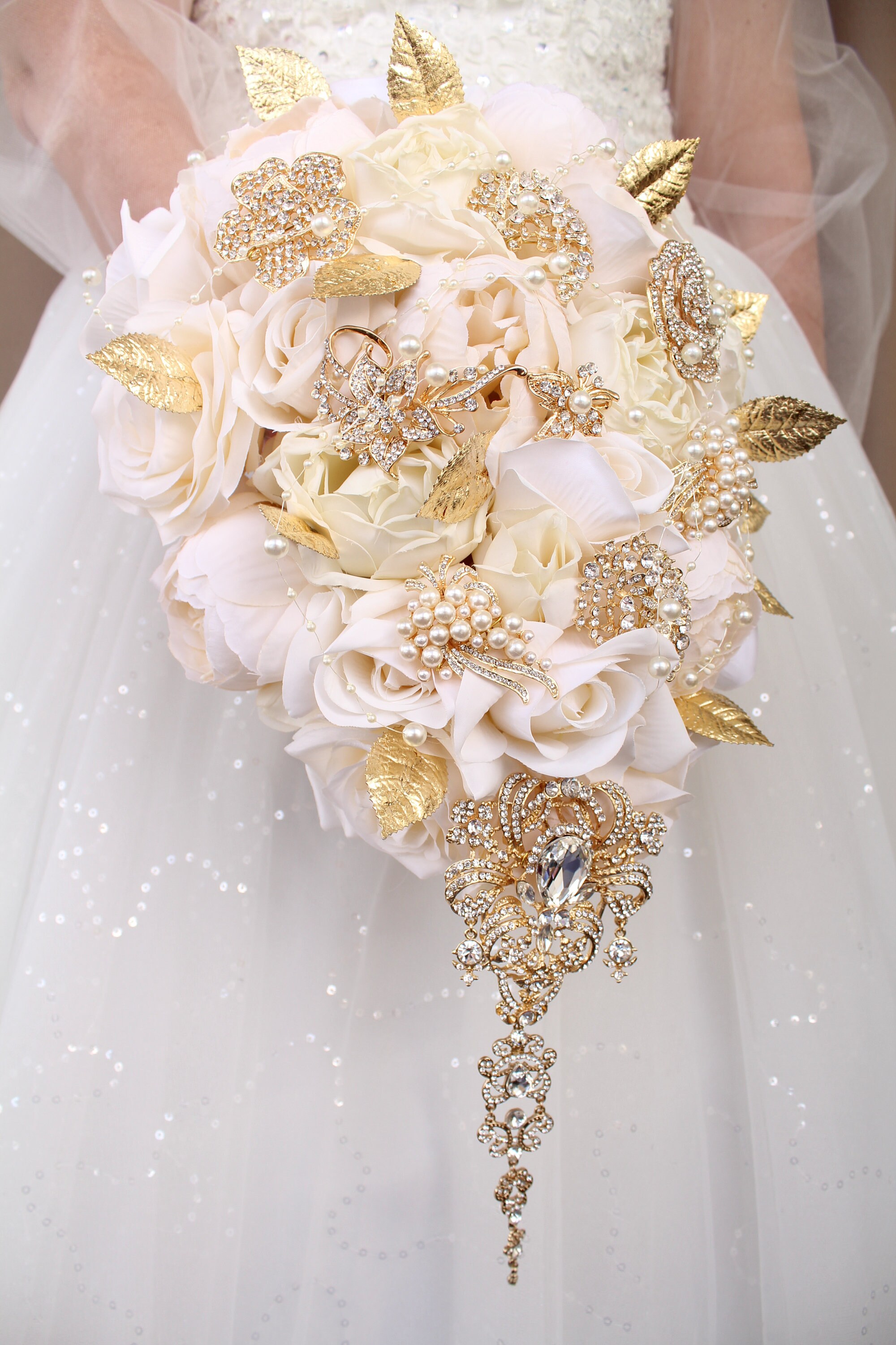 Ivory Wedding Bouquet. Cream Silk Flowers Bouquet. White Gold Brooch