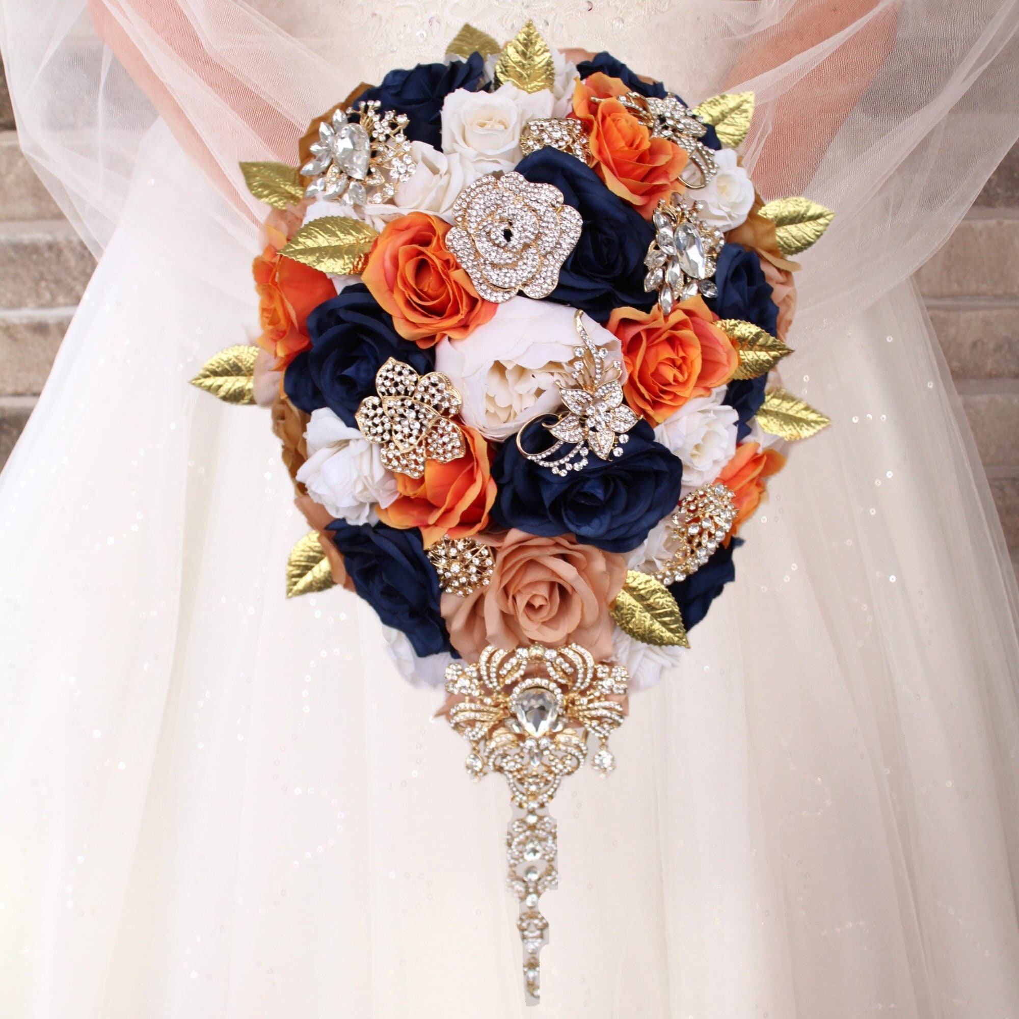 Navy Blue White Cascade Bridal Bouquet Real Touch Callas Roses Rhinestones  Add Boutonniere Bridesmaid Bouquet Crown Cake Flowers & More 