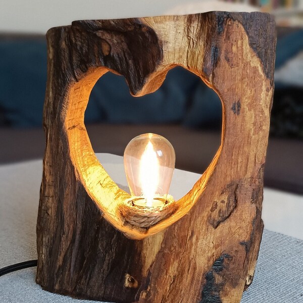 Lampe de chevet acacia, lampe en bois, bois, coeur, acacia
