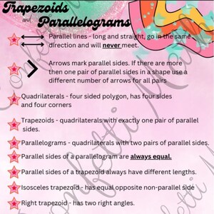 Pode incluir: Um cartaz educativo intitulado Trapezoids and Parallelograms com fundo rosa e formas onduladas coloridas. Lista definições para linhas paralelas, quadriláteros, trapézios, paralelogramos, trapézios isósceles, trapézios retângulos e losangos.