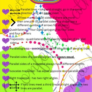 May include: An educational poster titled Trapezoids and Parallelograms with a colorful background. It features purple glitter heart icons next to text explaining geometric definitions, parallel lines, quadrilaterals, and properties of shapes.