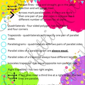 Pode incluir: Um cartaz educativo intitulado TRAPEZOIDS AND PARALLELOGRAMS com um fundo colorido de confetes. Define termos geométricos incluindo quadriláteros, linhas paralelas, trapézios, paralelogramos, trapézios isósceles, trapézios retângulos e losango.