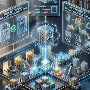 May include: An illustration depicting a warehouse management system (WMS) with automated processes. The image shows the flow of goods, from inbound checks and delivery note matching to dock-to-stock flow. Boxes are moved by robots and vehicles.