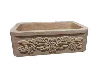 Pattern Embroidered Travertine Kitchen Sink. Beige Natural Stone Handcrafted Bathroom Sink