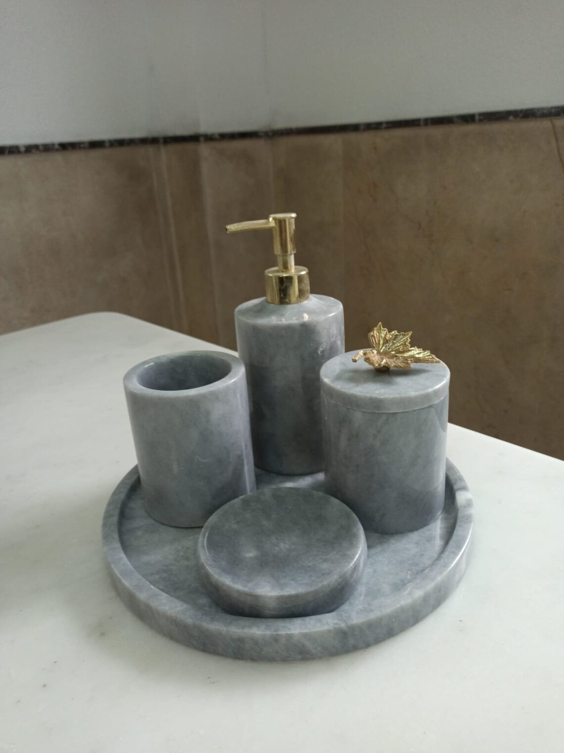 Gray Marble Handcrafted Decorative Bathroom Organizer.. Soap Dish and ...