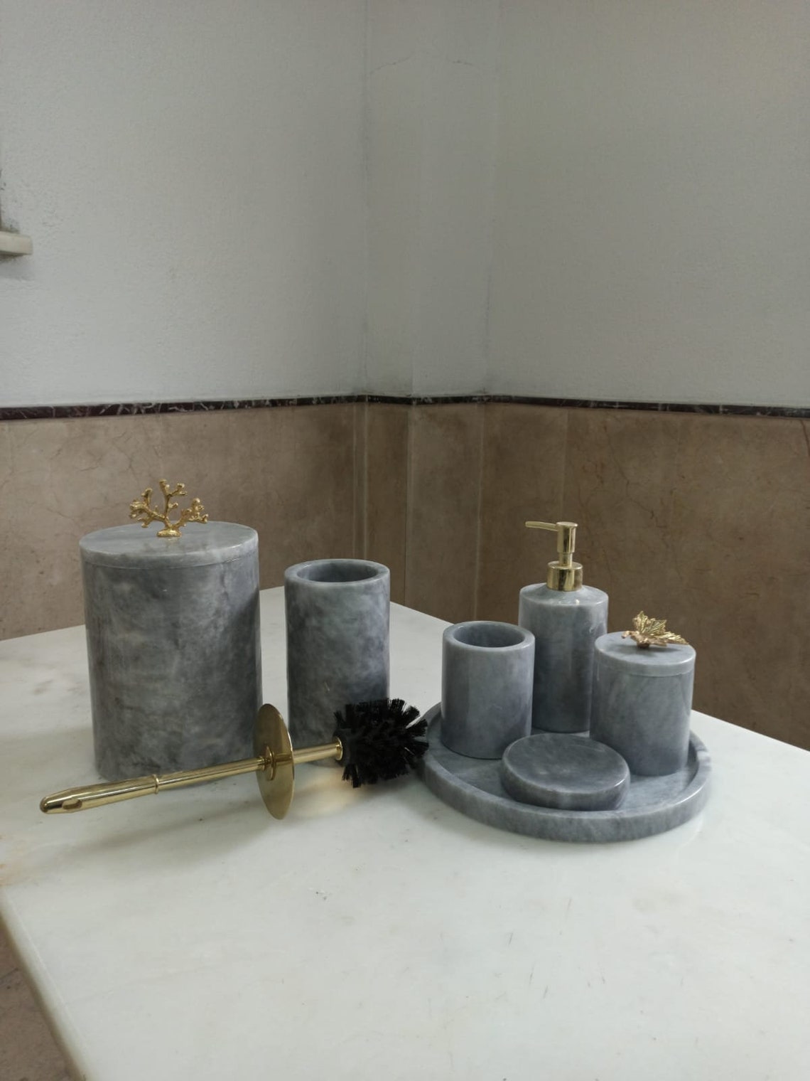 Gray Marble Handcrafted Decorative Bathroom Organizer.. Soap Dish and ...