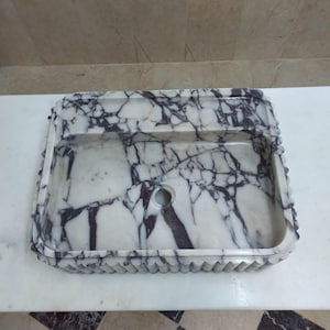 Hand Carved Calacatta Viola Marble Sink: Wall Mounted Bathroom Basin
