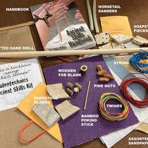 May include: A kit for learning ancient skills, including a handbook, a metal bitted hand drill, soapstone blanks, a wooden fob blank, pine nuts, twine, string, bamboo poking stick, and assorted sandpaper.