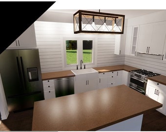 May include: A modern kitchen with white cabinets, stainless steel appliances, and a farmhouse sink. The kitchen features a large island with a brown countertop and a black pendant light fixture.