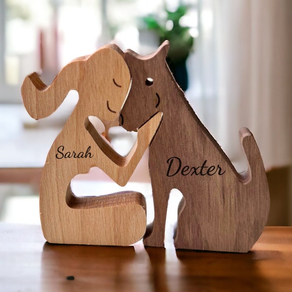 Personalised Dog Wooden Pet Ornament, Custom Engraved Women and Dog Memorial Gifts, Wooden Dog Figurine, Home Decor Gift, Dog Lover Gifts