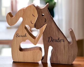 Personalised Dog Wooden Pet Ornament, Custom Engraved Women and Dog Memorial Gifts, Wooden Dog Figurine, Home Decor Gift, Dog Lover Gifts