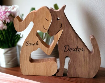 Gepersonaliseerde vrouwen & hond houten huisdier ornament, aangepaste gegraveerde hond Memorial geschenken, houten hond beeldje, home decor cadeau, hondenliefhebber geschenken