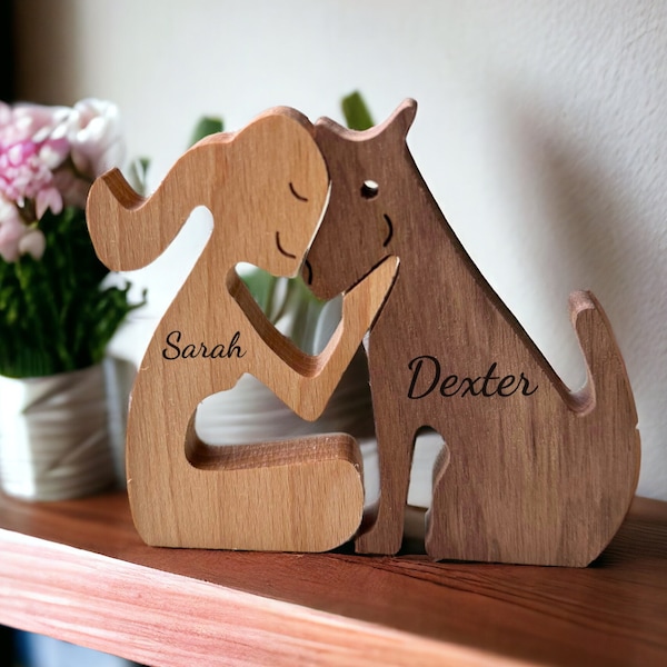 Personalised Women & Dog Wooden Pet Ornament, Custom Engraved Dog Memorial Gifts, Wooden Dog Figurine, Home Decor Gift, Dog Lover Gifts