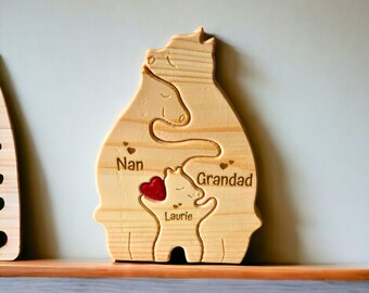 Personalised Grandparents Gifts Wooden Bear Puzzle, Animal Figurines Gift, Family Home Decor, Custom Name Ornament Gift, Christmas Gift