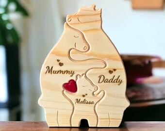Personalised Family Bear Puzzle Gift, Wooden Animal Figurines, Family Home Decor, Custom Name Family Ornament Gift, Family Christmas Gift