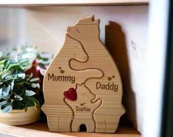 Rompecabezas familiar de osos de madera personalizado, regalo de figuras de animales, decoración del hogar familiar, regalo de adorno familiar con nombre personalizado, regalo de Navidad familiar