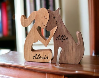 Personalised Women & Dog Wooden Pet Ornament, Custom Engraved Dog Memorial Gifts, Wooden Dog Figurine, Home Decor Gift, Dog Lover Gifts