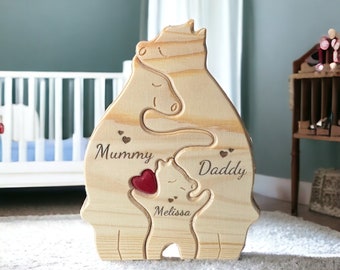 Personalisierte hölzerne Bär Baby-Dusche-Geschenk, Tierfiguren Geschenk, neues Baby Geschenk, neue Mutter, neue Eltern Familie Ornament Geschenk, Kinderzimmer Dekor