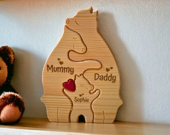 Personalised Wooden Bear Family Puzzle, Animal Figurines Gift, Family Home Decor, Custom Name Family Ornament Gift, Family Christmas Gift