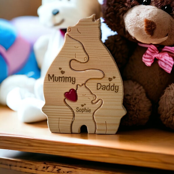 Puzzle personalizzato per la famiglia di orsi in legno, regalo di figurine di animali, decorazioni per la casa di famiglia, regalo di ornamento familiare con nome personalizzato, regalo di Natale in famiglia