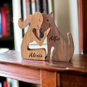 Personalised Women & Dog Wooden Pet Ornament, Custom Engraved Dog Memorial Gifts, Wooden Dog Figurine, Home Decor Gift, Dog Lover Gifts