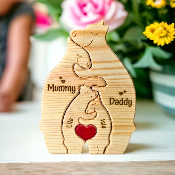 Personalised Wooden Bear Family Puzzle, Mothers Day Gift, Family Home Decor, Custom Name Family Ornament Gift, Family Christmas Gift