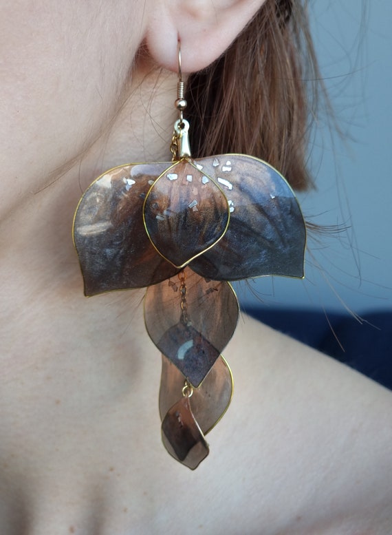 Golden Bronze Leaf Resin Earrings, Handmade Botanical Jewelry Gift