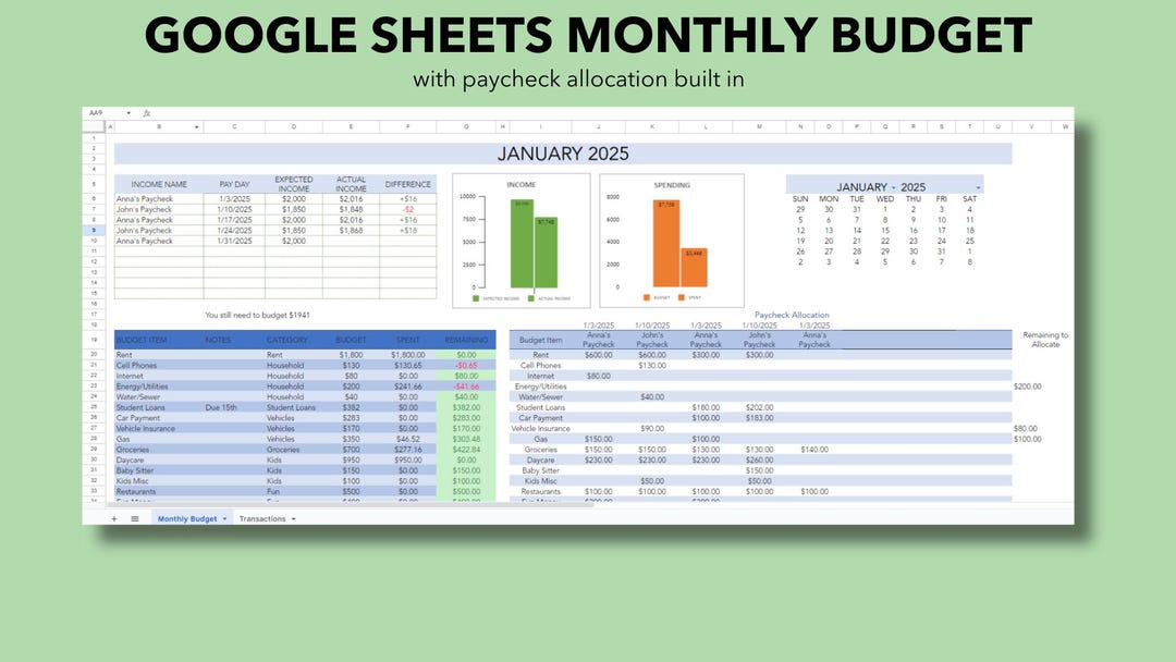 Google Sheets Monthly Budget With Paycheck Allocation - Etsy