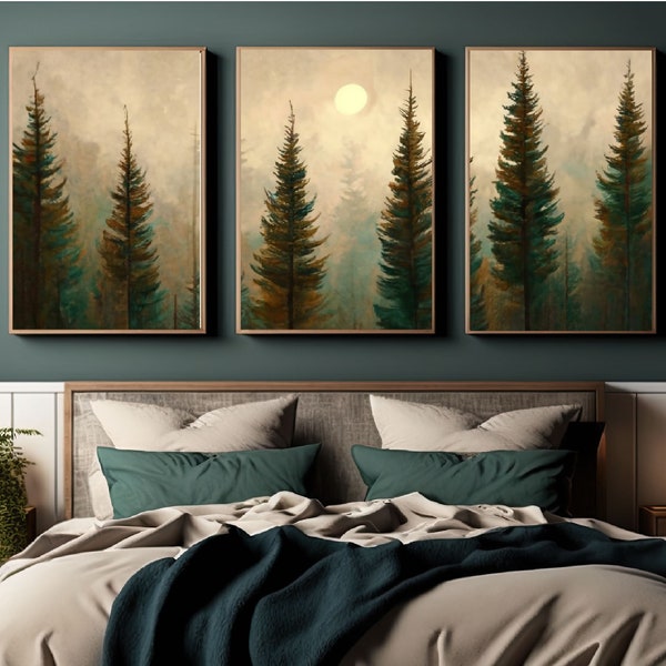 Neutral  Pine Trees Foggy ,Wall Art Triptych, Trees Foggy ,Landscape Fine Art  Wall Decor,Watercolor Wall Art Prints Digital Download