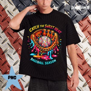 Atrapa el dulce calor Temporada de béisbol PNG: Guante de béisbol colorido Bola salpicada PNG Descarga digital de arte deportivo con goteo de caramelo