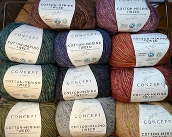 May include: A collection of Katia Concept Cotton-Merino Tweed yarn skeins in various colors, including brown, pink, blue, orange, and green. Each skein has a white label with the brand name and yarn type.