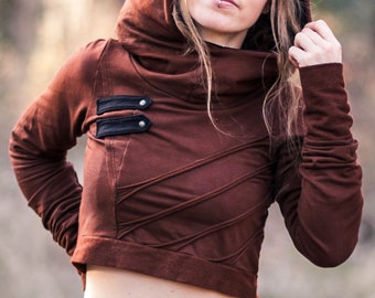 Sudadera con capucha de lana recortada sudadera con capucha distópica sudadera con capucha hippie suéter militar jersey trance ropa ecológica - bambú de cáñamo orgánico