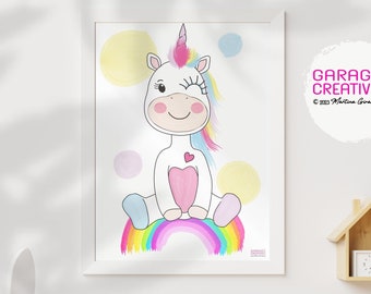 Simpatico arredamento per la cameretta dei bambini con unicorno arcobaleno, arte da parete con creature mitiche per la camera dei bambini, idea regalo per bambini, download digitale