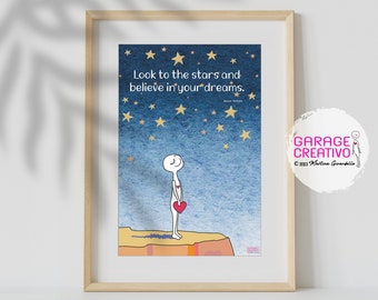 Arte da parete con citazione accogliente Cieli stellati, poster motivazionale colorato per la camera dei bambini, decorazione ispiratrice Think Positive, download digitale