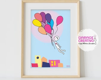 Arte da parete con mongolfiera per la camera dei bambini, stampa di poster di viaggio colorato con voglia di viaggiare, idea regalo pensa positiva, download digitale