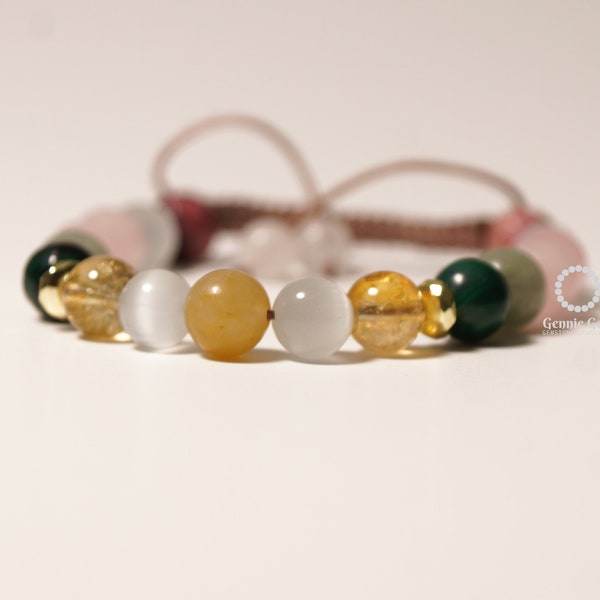 Taurus Birthstones Bracelet|May Birthday|Women Unique Gift For Her|Genuine Gemstones|Emerald Malachite Citrine Selenite Jade|Prosperity Love