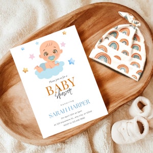 Convite para chá de bebê editável, lindo e elegante modelo canva moderno para chá de bebê, convite minimalista para bebê, modelo de convite para festa com revelação de gênero