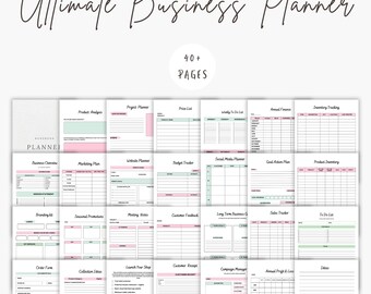 May include: A printable business planner with 40+ pages. The planner includes sections for product analysis, project planning, price lists, weekly to-do lists, annual finance, inventory tracking, marketing plans, website planning, budget tracking, social media planning, goal action plans, product inventory, branding kits, seasonal promotions, meeting notes, customer feedback, long-term business goals, sales trackers, to-do lists, order forms, collection ideas, launching your shop, customer receipts, campaign management, annual profit and loss, and ideas.
