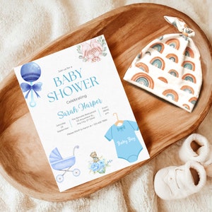 Convite para chá de bebê editável, lindo e elegante modelo canva moderno para chá de bebê, convite minimalista para bebê, modelo de convite para festa com revelação de gênero