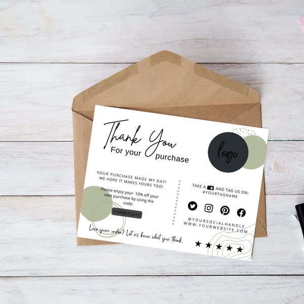 Thank you card, editable diy thank you template, minimalist thank you card, small business thank you canva template, order package insert