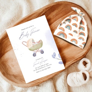 Convite para chá de bebê editável, lindo e elegante modelo canva moderno para chá de bebê, convite minimalista para bebê, modelo de convite para festa com revelação de gênero