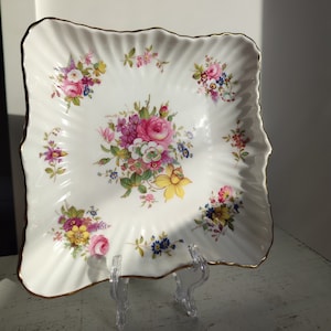 Vintage Hammersley Fine Bone China Square Dish Trinket Dish Rich Floral Bouquet Designed F.Howard Made in England Tray Bowl Gold Trim