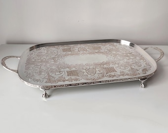 Large Vintage Silver Plated on Copper Serving Platter Tray / Salver with Ornate Handles and Claw Feet / Rectangular Tray - Wedding Décor