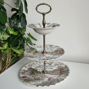 Vintage Myott Three Tier Cake Stand Rural Scene Pattern Fine Staffordshire Ware Genuine Hand Engraving Serving Dishes  Made in England