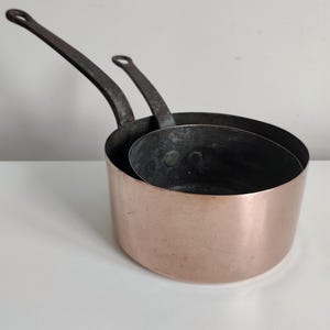 Vintage Set of 2 French Copper Saucepan with Iron Handles Pair of Copper Pots Copper Pan Cookware Copperware Antique Kitchen Decor Farmhouse