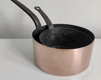 Vintage Set of 2 French Copper Saucepan with Iron Handles Pair of Copper Pots Copper Pan Cookware Copperware Antique Kitchen Decor Farmhouse