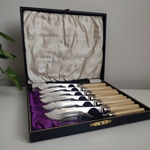 Puede incluir: Un juego de ocho cuchillos de carne plateados y un tenedor en una caja forrada de terciopelo negro con un interior de satén morado. Los mangos están hechos de un material de color crema.