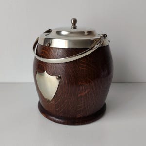 Antique c.1930 English Oak Biscuit Barrel with Ceramic Liner and Silver-Plated Mounts / Wooden Cookie Barrel with Silver Plated Lid and Trim