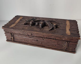 Antique Black Forest Carved Wood Glove Box / Jewellery Dresser Keepsake Box with Pomegranate Relief and Blue Velvet Lined